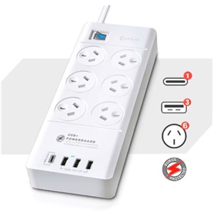 Sansai 6 Way Surge powerboard with 3x USB-A 1x USB-C